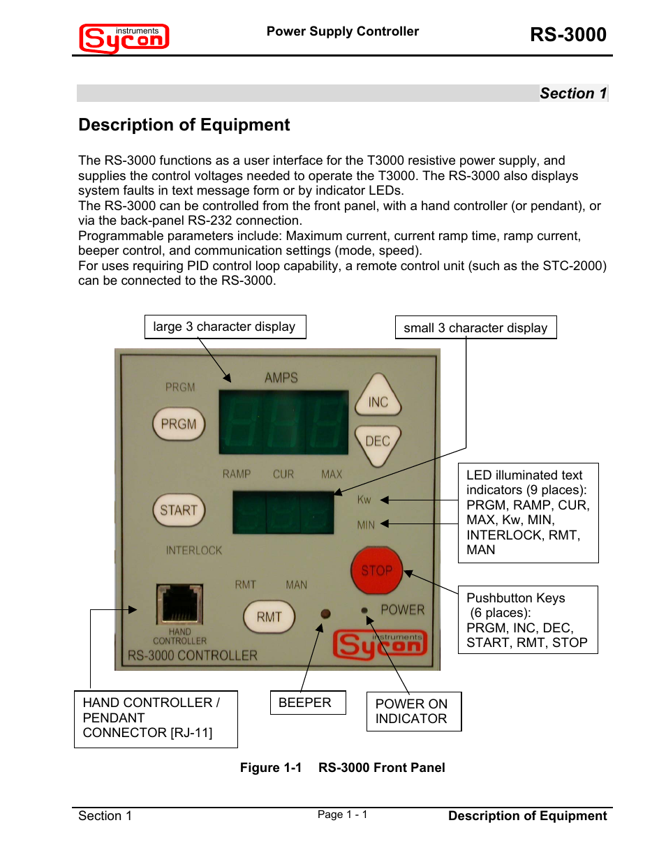 Section 1, Description of equipment, Figure 1-1rs-3000 front panel | Rs-3000 | INFICON RS-3000 Power Supply Controller User Manual | Page 8 / 26