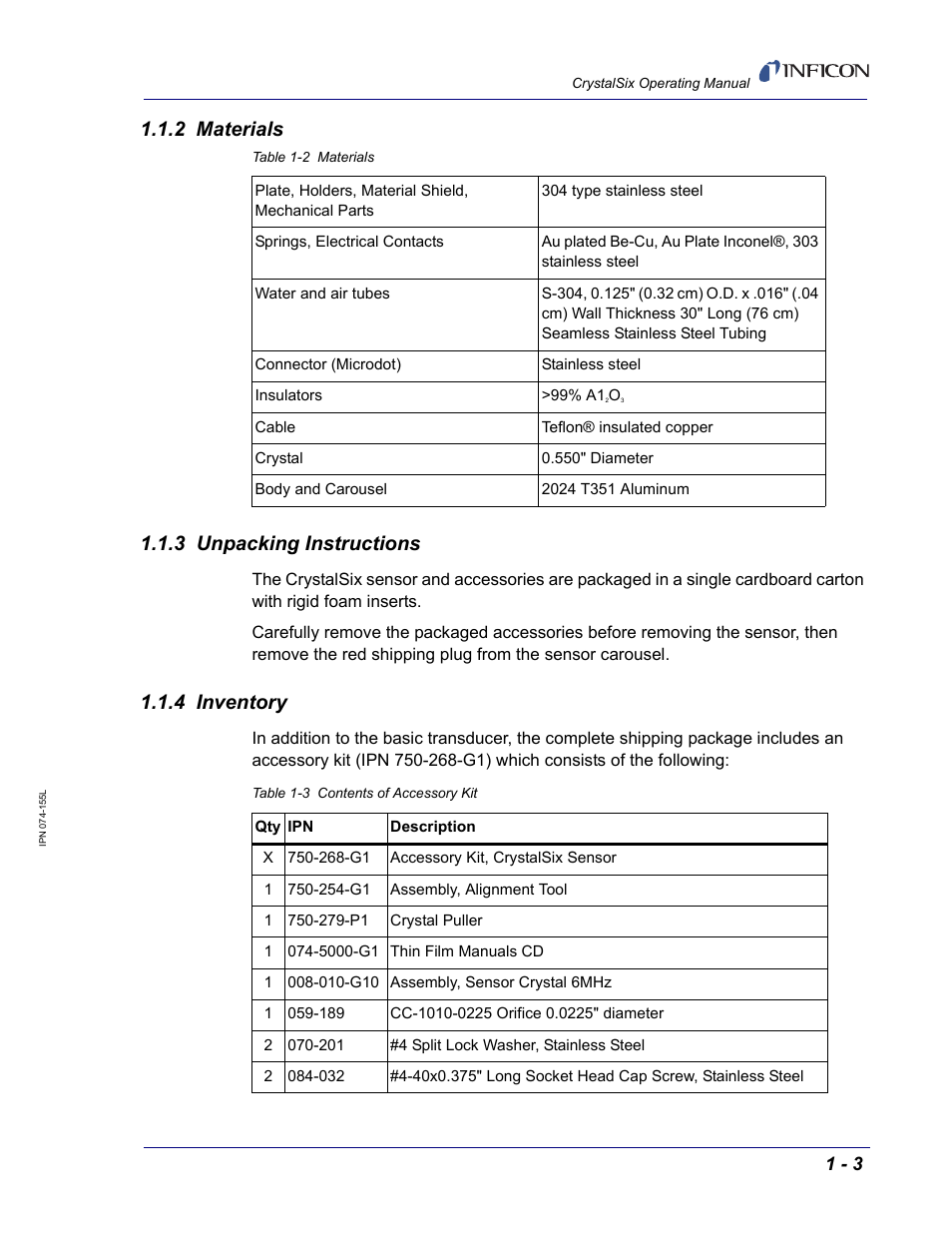 2 materials, 3 unpacking instructions, 4 inventory | 2 materials 1.1.3 unpacking instructions | INFICON CrystalSix Sensor User Manual | Page 11 / 54