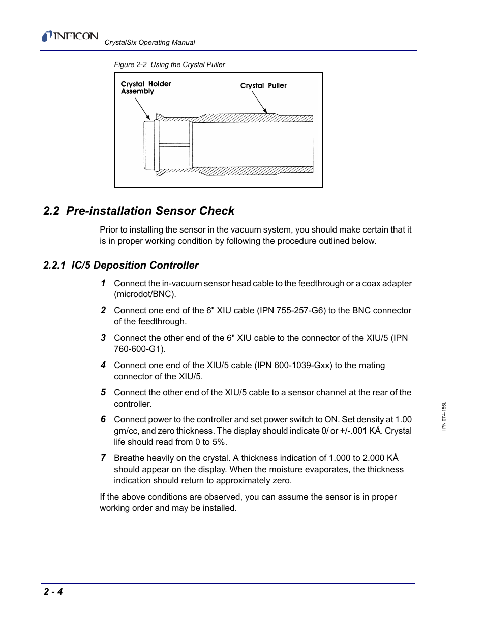 2 pre-installation sensor check, 1 ic/5 deposition controller, Figure 2-2 | INFICON CrystalSix Sensor User Manual | Page 18 / 54