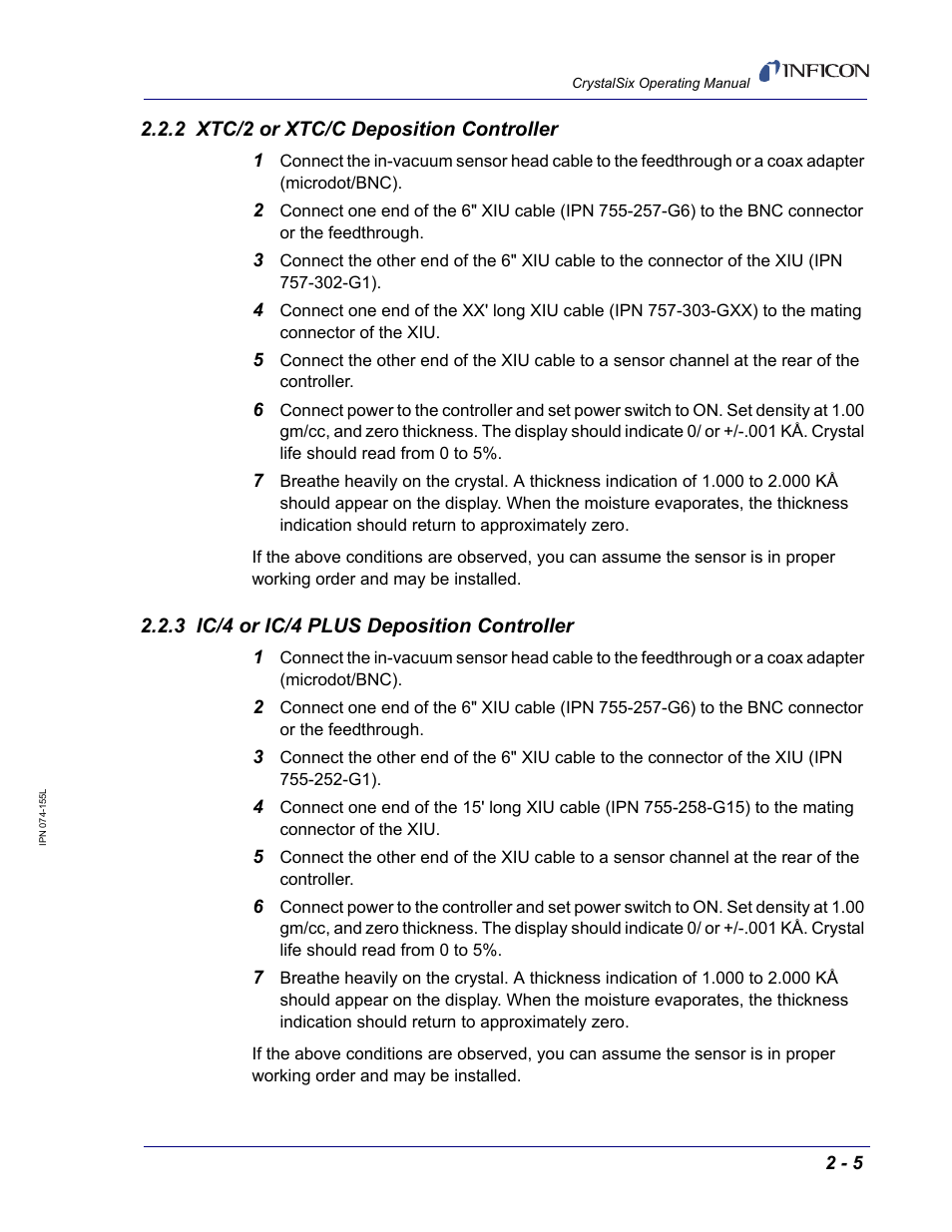 2 xtc/2 or xtc/c deposition controller, 3 ic/4 or ic/4 plus deposition controller | INFICON CrystalSix Sensor User Manual | Page 19 / 54