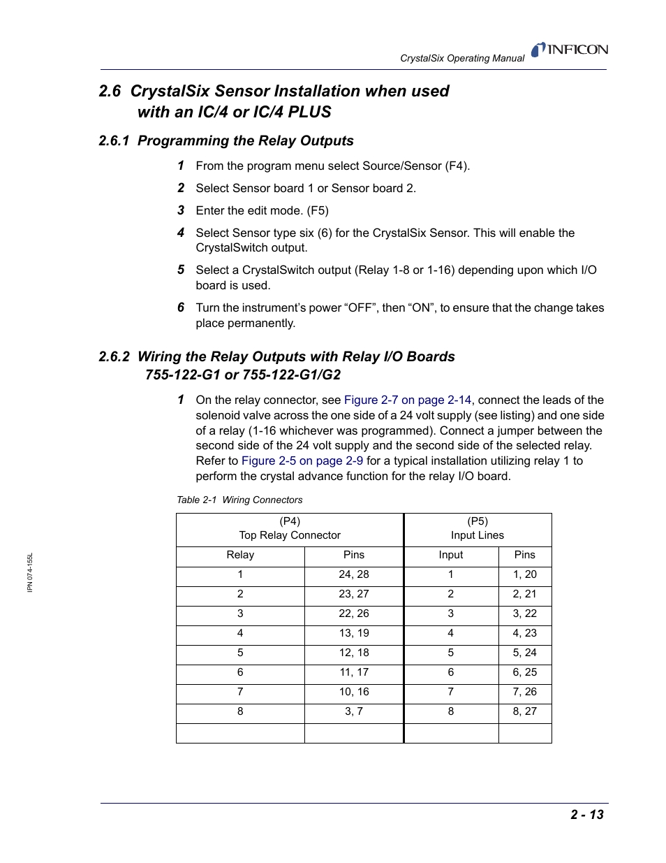 1 programming the relay outputs | INFICON CrystalSix Sensor User Manual | Page 27 / 54