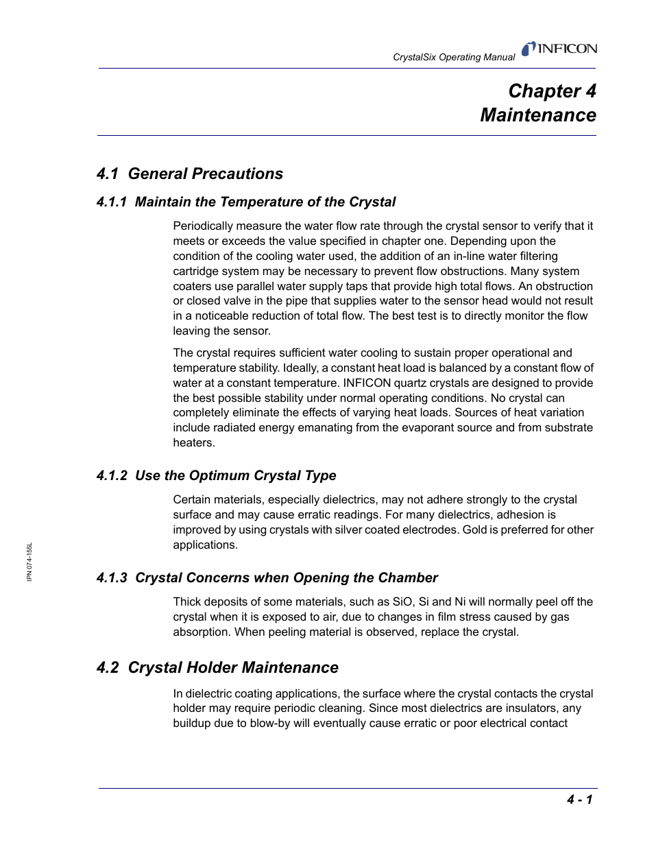 Chapter 4 maintenance, 1 general precautions, 1 maintain the temperature of the crystal | 2 use the optimum crystal type, 3 crystal concerns when opening the chamber, 2 crystal holder maintenance, Chapter 4 | INFICON CrystalSix Sensor User Manual | Page 37 / 54