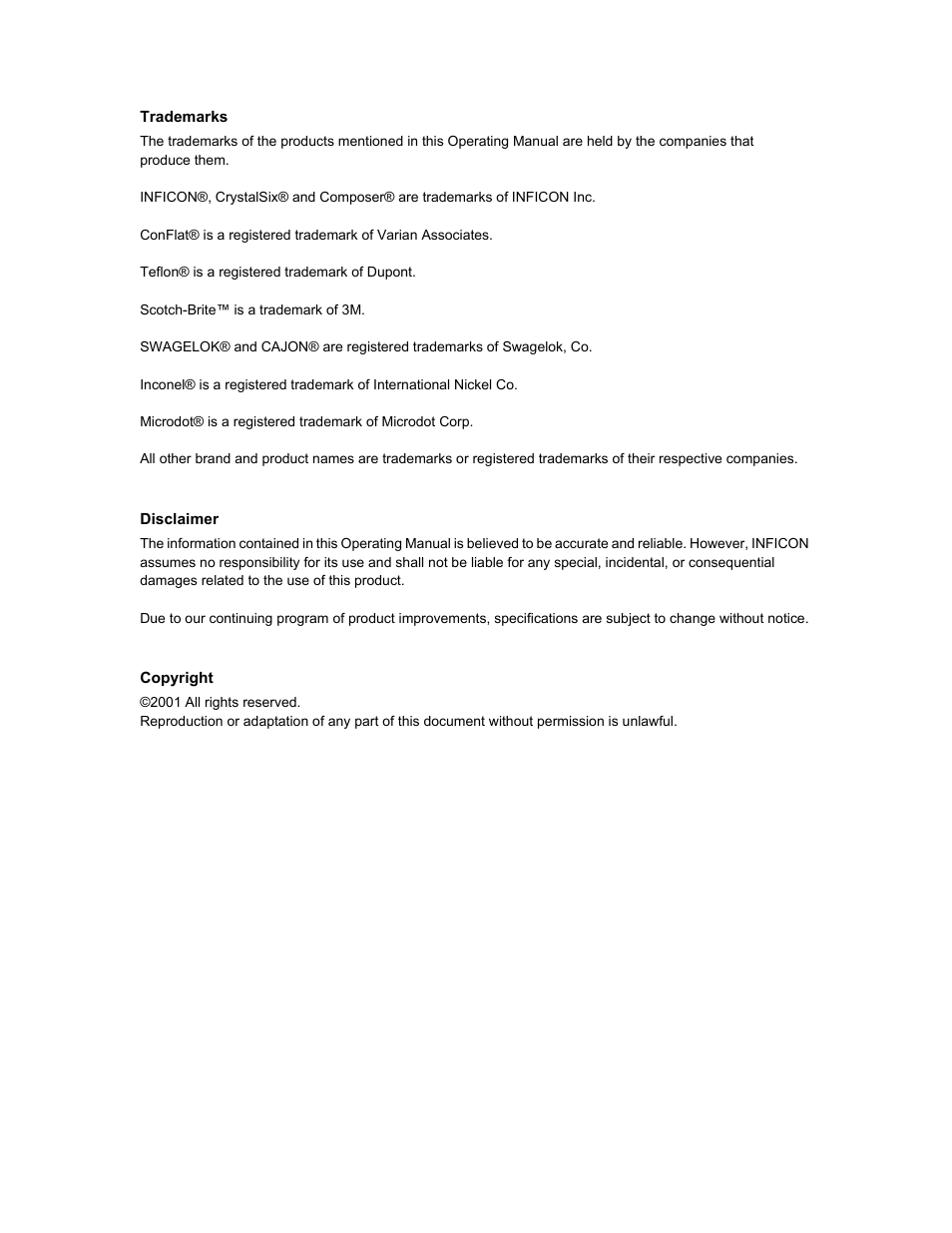 Trademarks | INFICON CrystalSix Sensor User Manual | Page 4 / 54