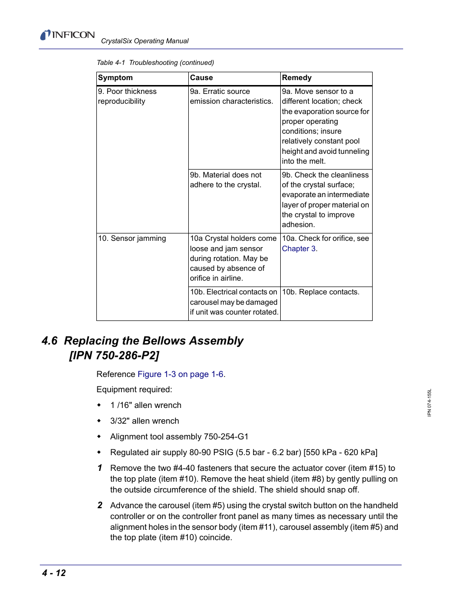 6 replacing the bellows assembly [lpn 750-286p2 | INFICON CrystalSix Sensor User Manual | Page 48 / 54