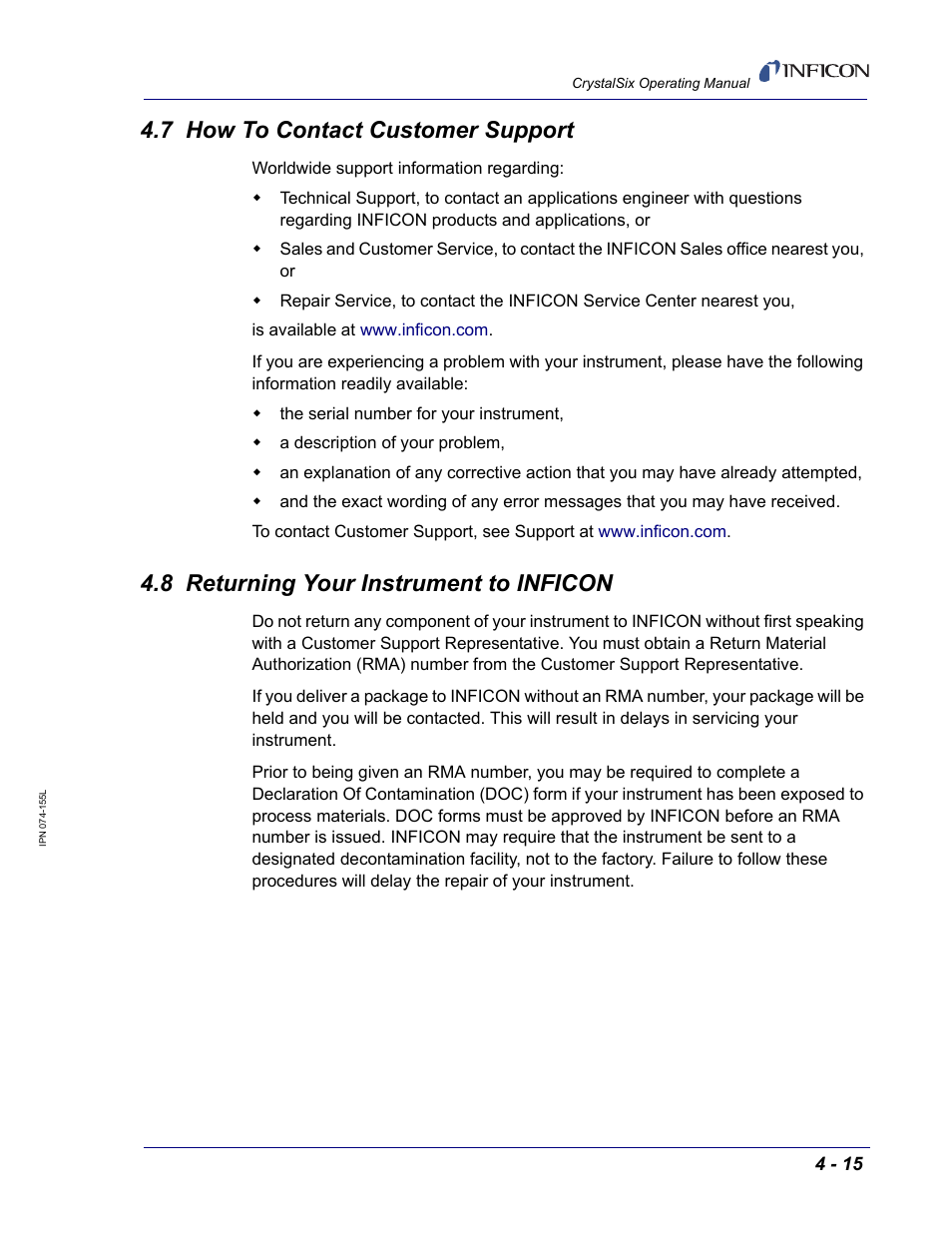 7 how to contact customer support, 8 returning your instrument to inficon | INFICON CrystalSix Sensor User Manual | Page 51 / 54