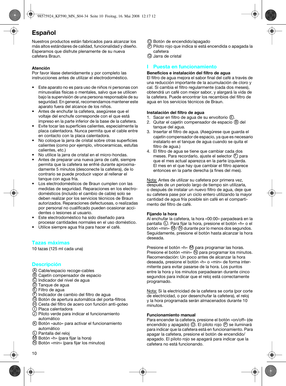 Español | Braun KF 590 User Manual | Page 10 / 29