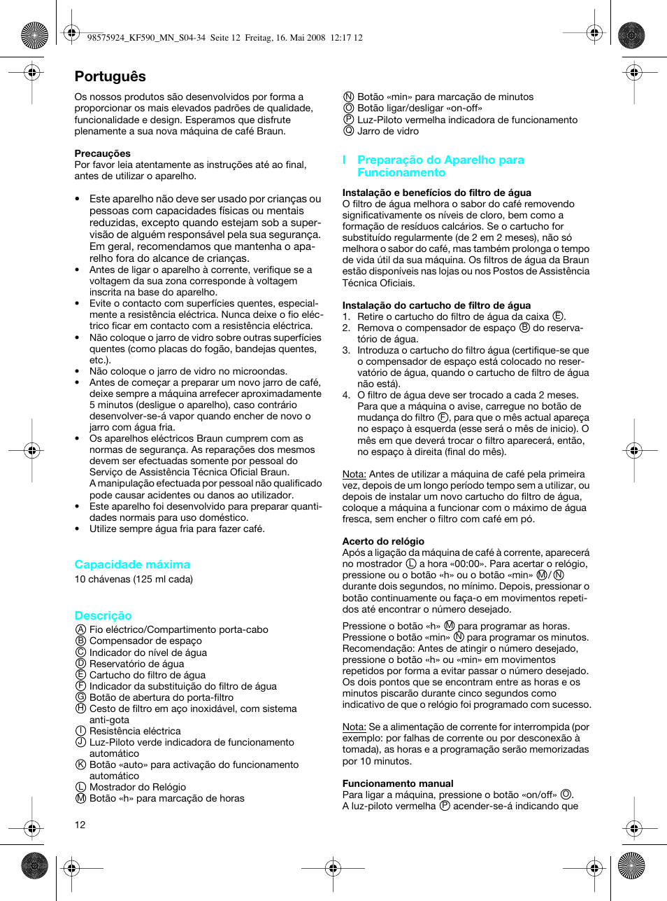 Português | Braun KF 590 User Manual | Page 12 / 29