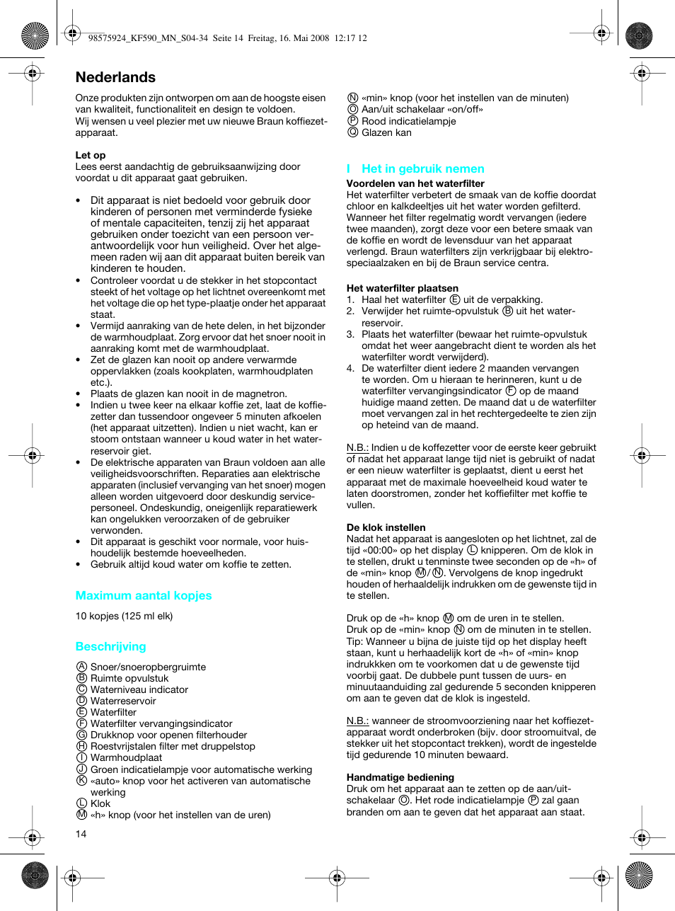 Nederlands | Braun KF 590 User Manual | Page 14 / 29