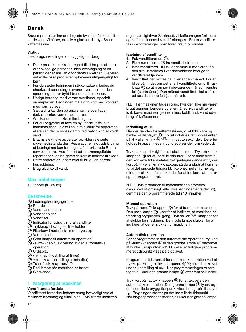 Dansk | Braun KF 590 User Manual | Page 16 / 29