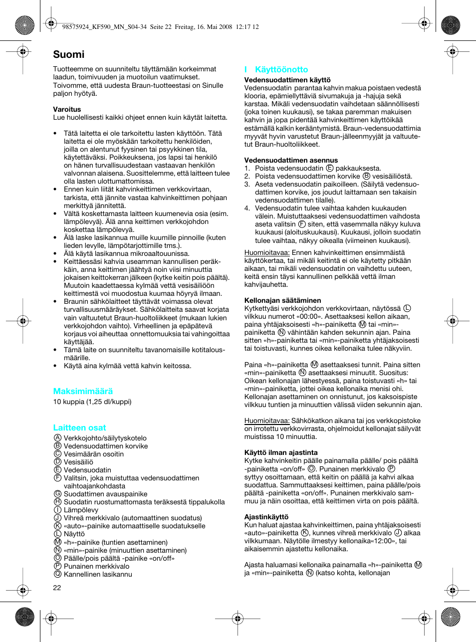 Suomi | Braun KF 590 User Manual | Page 22 / 29