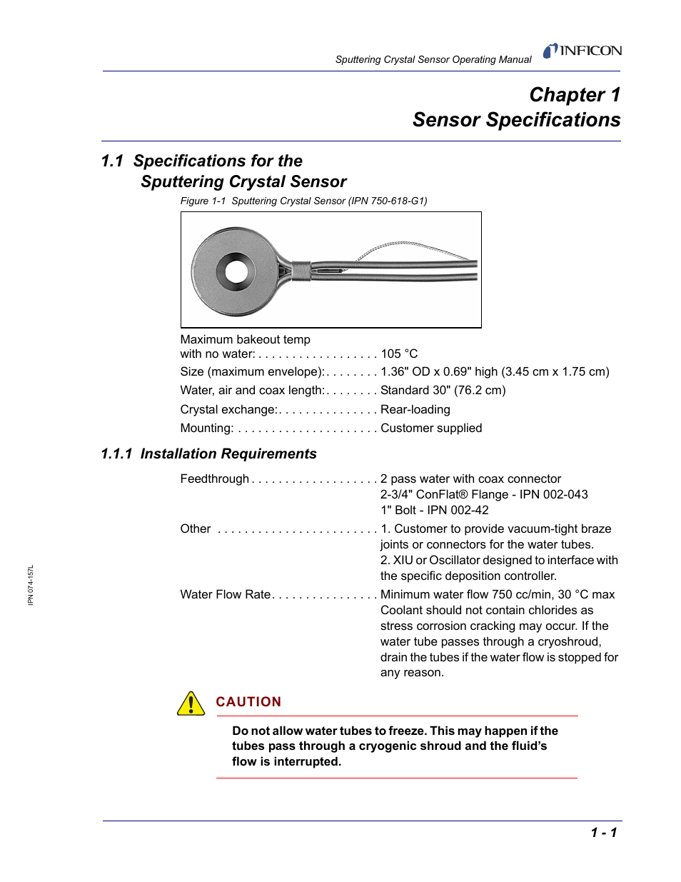Chapter 1 sensor specifications, 1 specifications for the sputtering crystal sensor, 1 installation requirements | Chapter 1 | INFICON Sputtering Sensor User Manual | Page 13 / 54