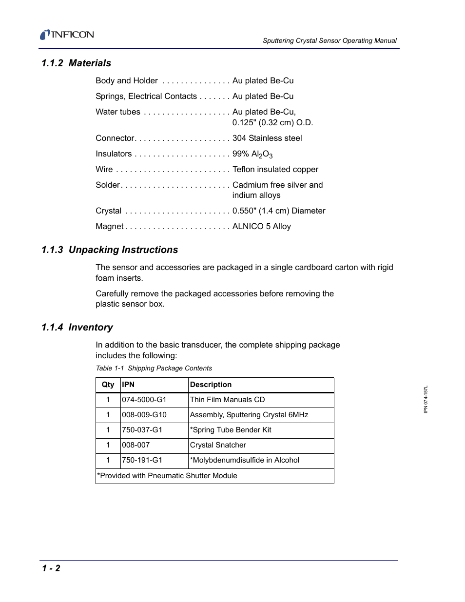 2 materials, 3 unpacking instructions, 4 inventory | INFICON Sputtering Sensor User Manual | Page 14 / 54