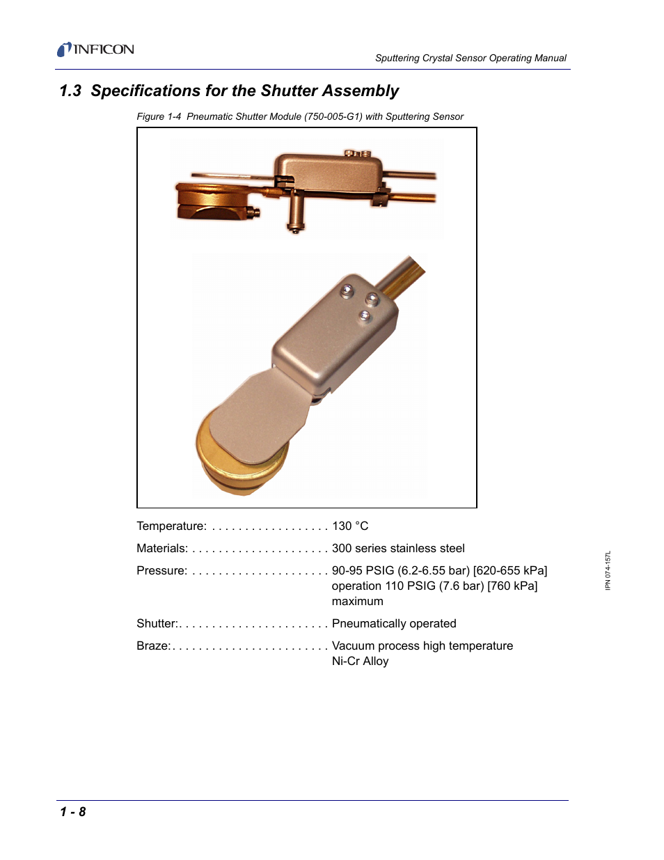 3 specifications for the shutter assembly | INFICON Sputtering Sensor User Manual | Page 20 / 54