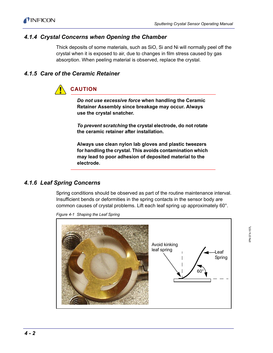 4 crystal concerns when opening the chamber, 5 care of the ceramic retainer, 6 leaf spring concerns | INFICON Sputtering Sensor User Manual | Page 42 / 54