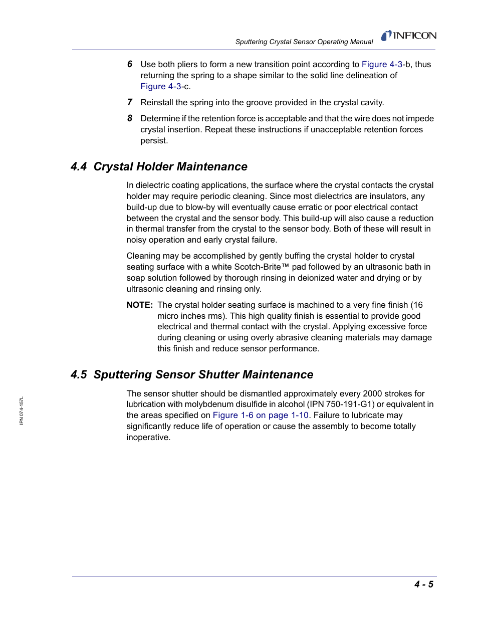 4 crystal holder maintenance, 5 sputtering sensor shutter maintenance | INFICON Sputtering Sensor User Manual | Page 45 / 54