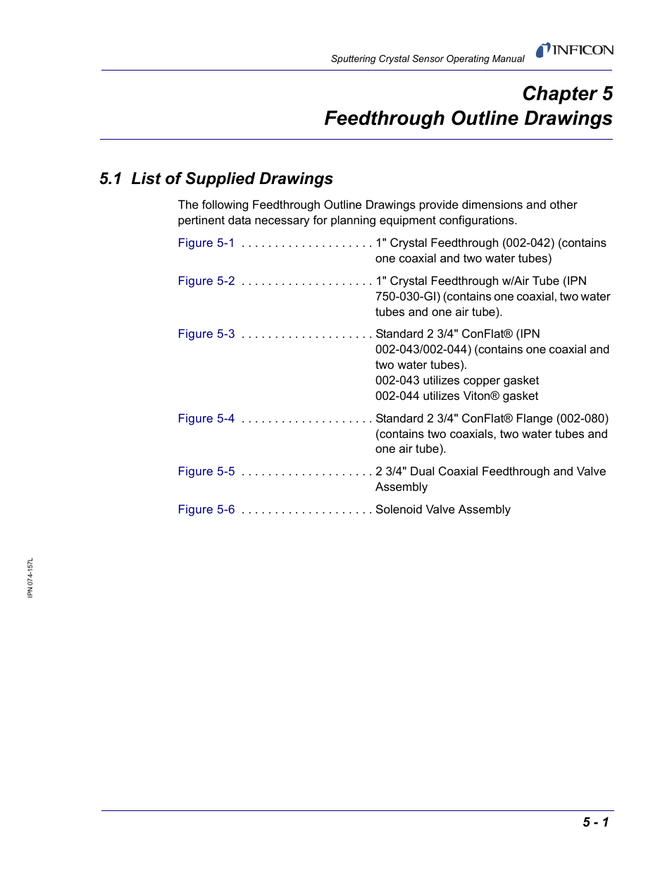 Chapter 5 feedthrough outline drawings, 1 list of supplied drawings, Chapter 5 | INFICON Sputtering Sensor User Manual | Page 47 / 54