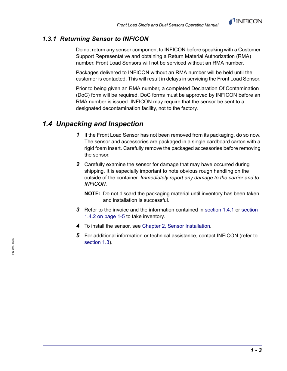 1 returning sensor to inficon, 4 unpacking and inspection | INFICON Front Load Single Sensor User Manual | Page 13 / 90