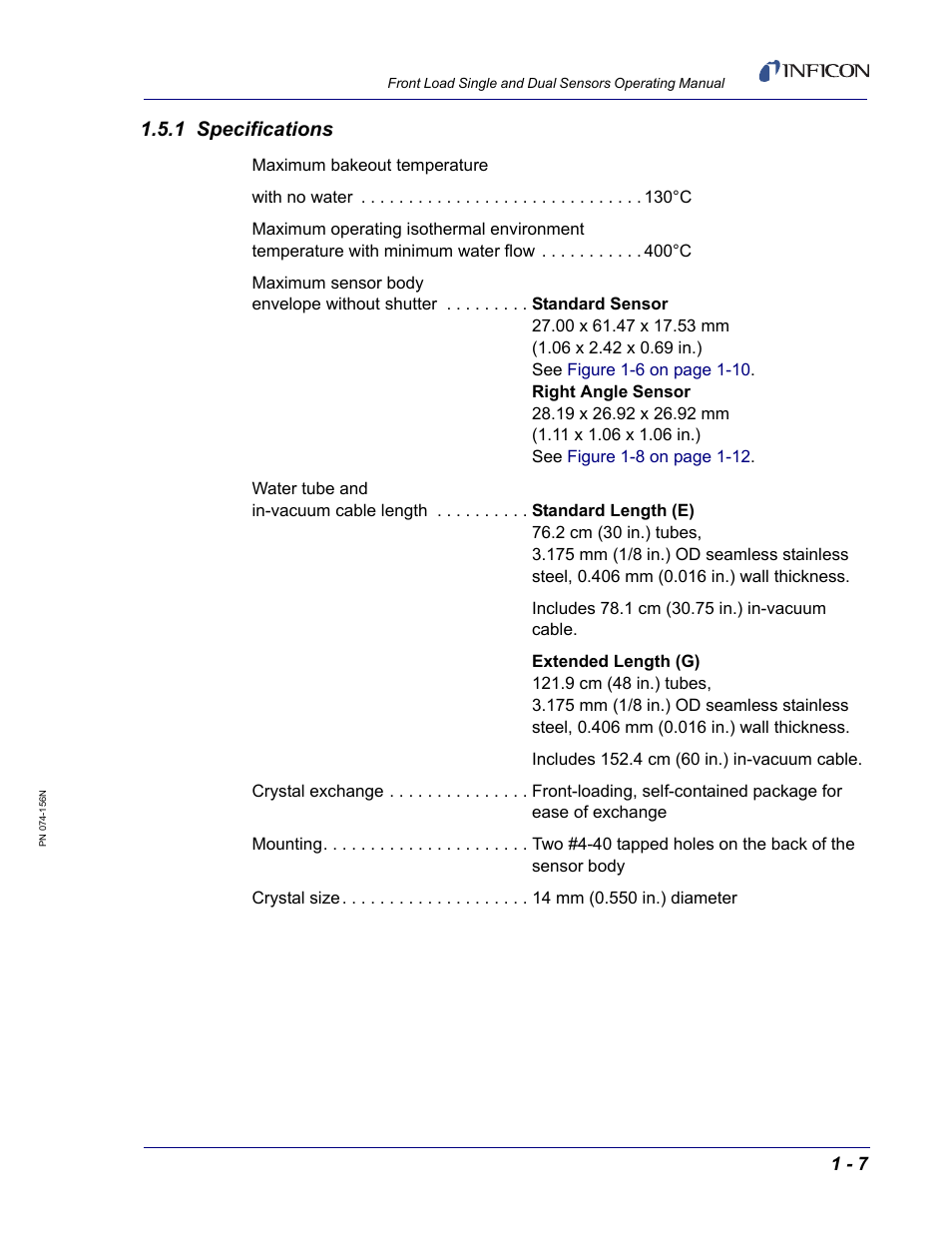1 specifications | INFICON Front Load Single Sensor User Manual | Page 17 / 90
