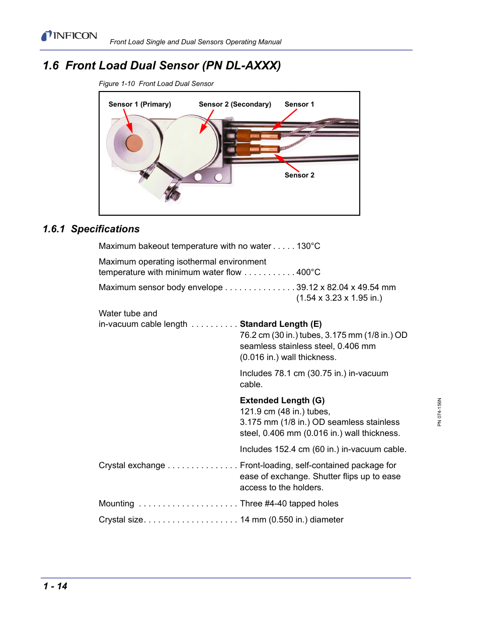 6 front load dual sensor (pn dl-axxx), 1 specifications | INFICON Front Load Single Sensor User Manual | Page 24 / 90