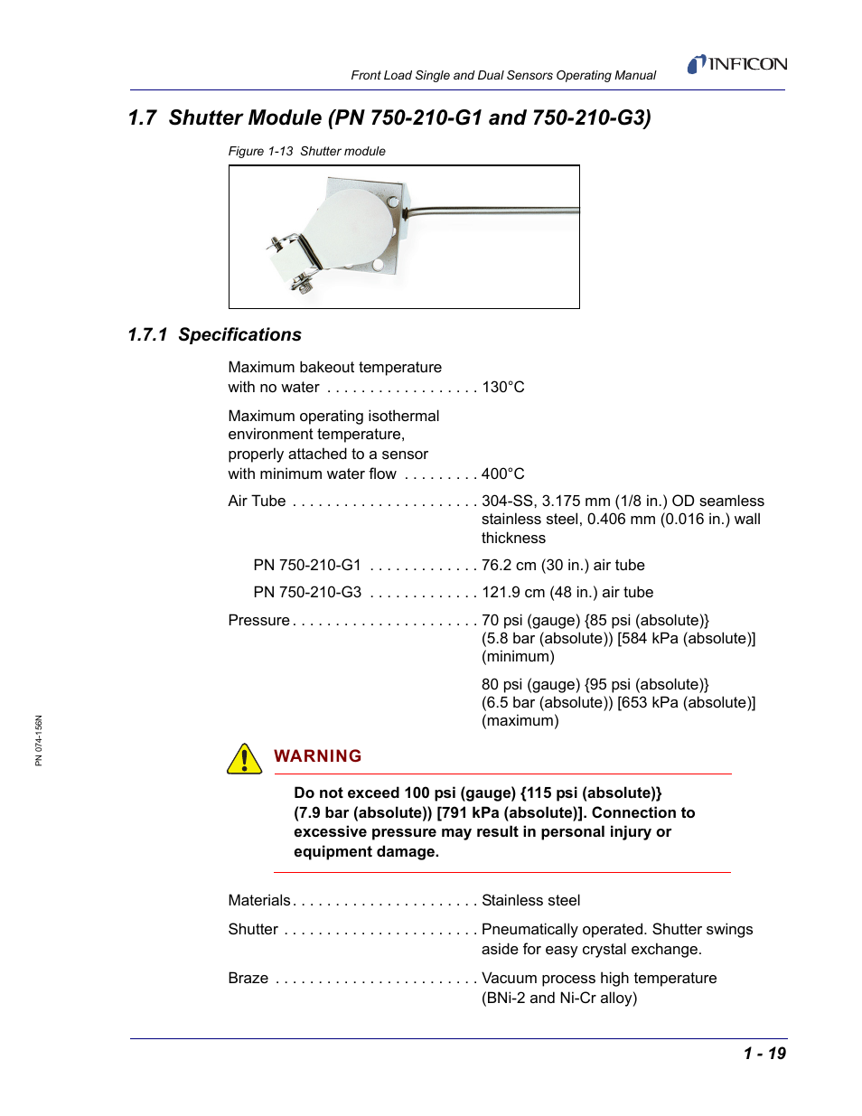 7 shutter module (pn 750-210-g1 and 750-210-g3), 1 specifications | INFICON Front Load Single Sensor User Manual | Page 29 / 90