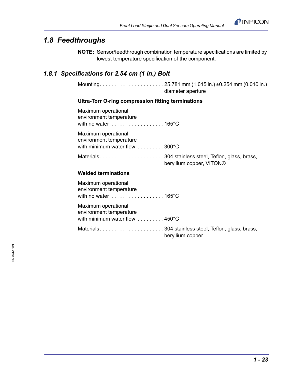 8 feedthroughs, 1 specifications for 2.54 cm (1 in.) bolt | INFICON Front Load Single Sensor User Manual | Page 33 / 90