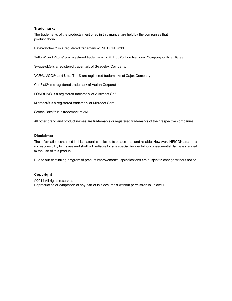 Trademarks, Disclaimer, Copyright | INFICON Front Load Single Sensor User Manual | Page 4 / 90