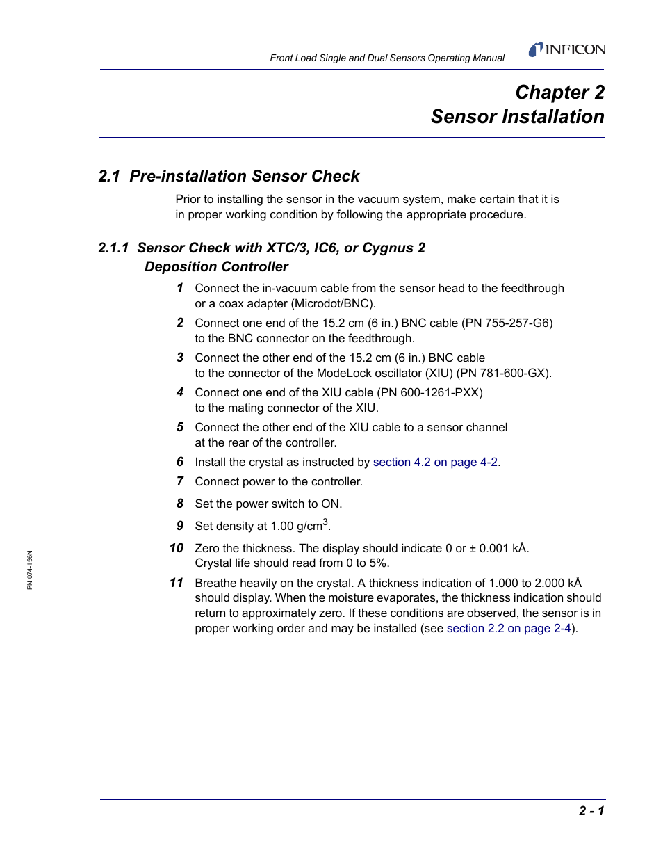 Chapter 2 sensor installation, 1 pre-installation sensor check, Chapter 2 | Chapter 2, sensor installation | INFICON Front Load Single Sensor User Manual | Page 47 / 90