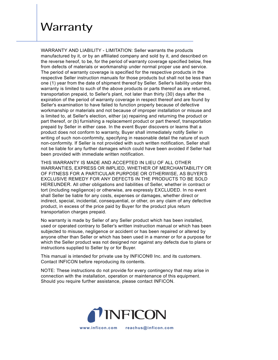 Warranty | INFICON Front Load Single Sensor User Manual | Page 5 / 90