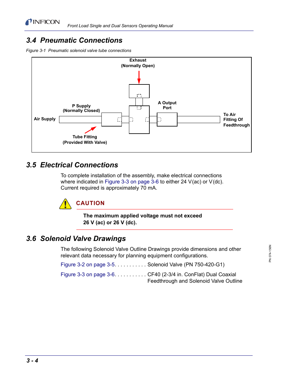 4 pneumatic connections, 5 electrical connections, 6 solenoid valve drawings | Section 3.4, pneumatic, Section 3.4, pneumatic connections, on, Section 3.5, electrical | INFICON Front Load Single Sensor User Manual | Page 62 / 90