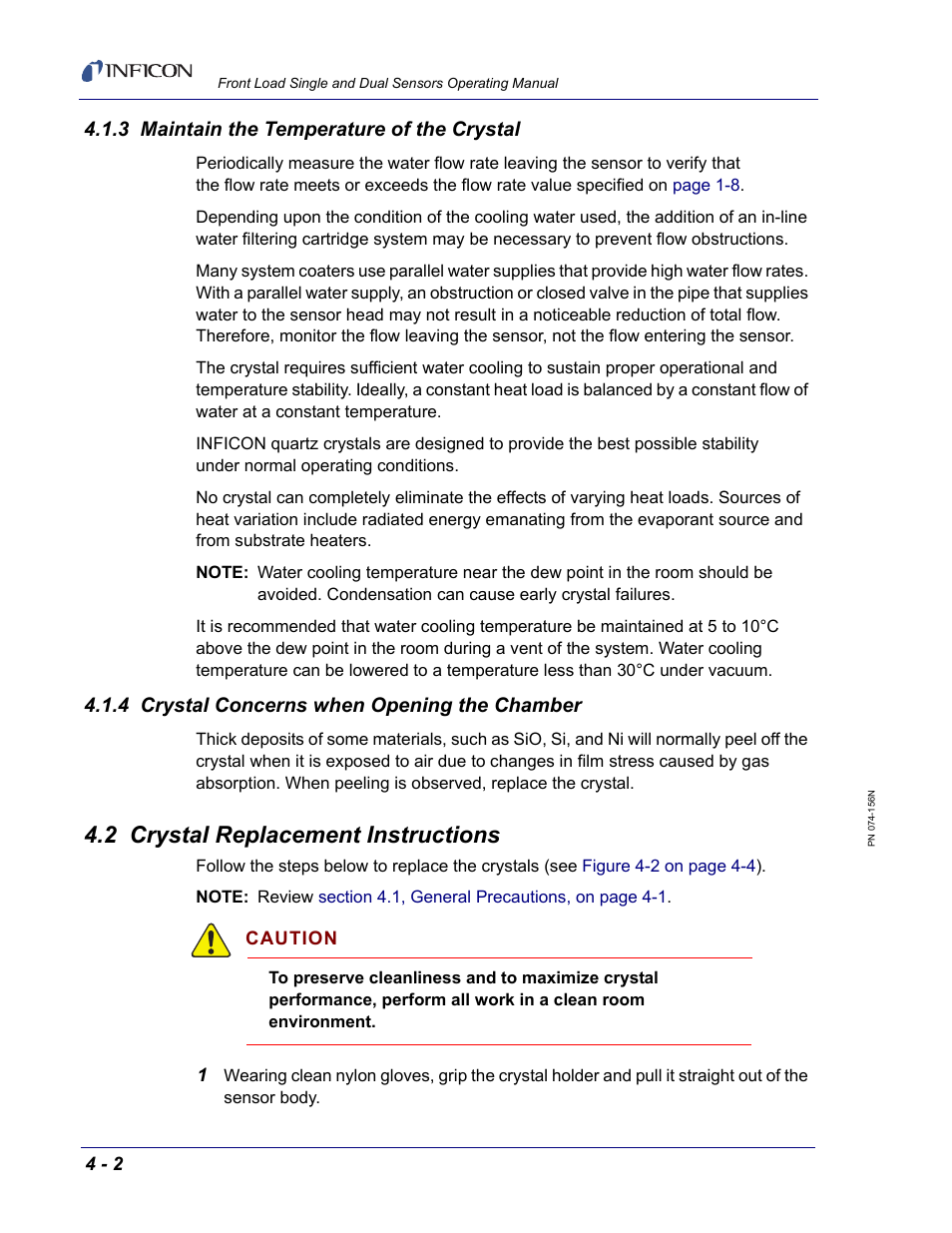 3 maintain the temperature of the crystal, 4 crystal concerns when opening the chamber, 2 crystal replacement instructions | INFICON Front Load Single Sensor User Manual | Page 66 / 90