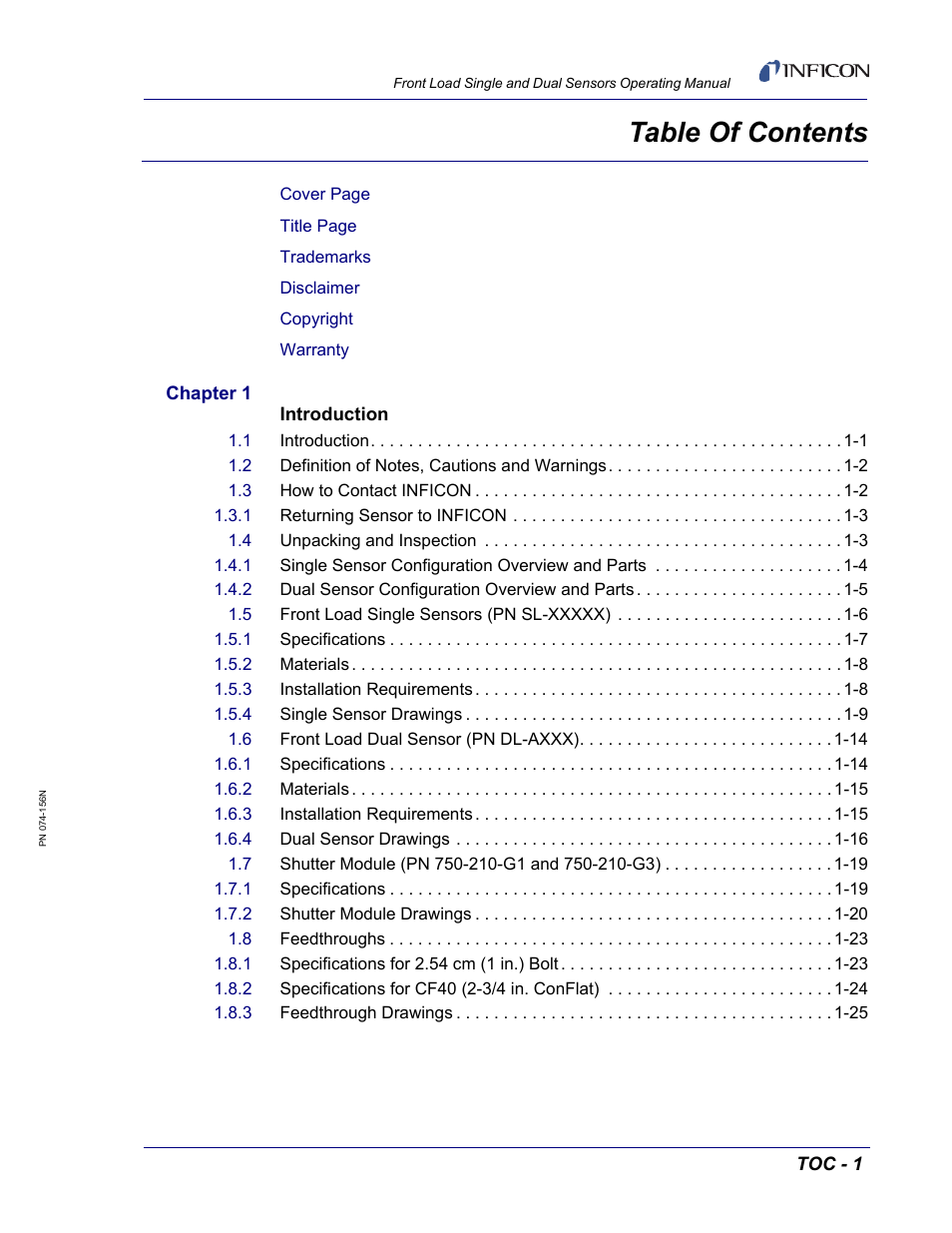 INFICON Front Load Single Sensor User Manual | Page 7 / 90