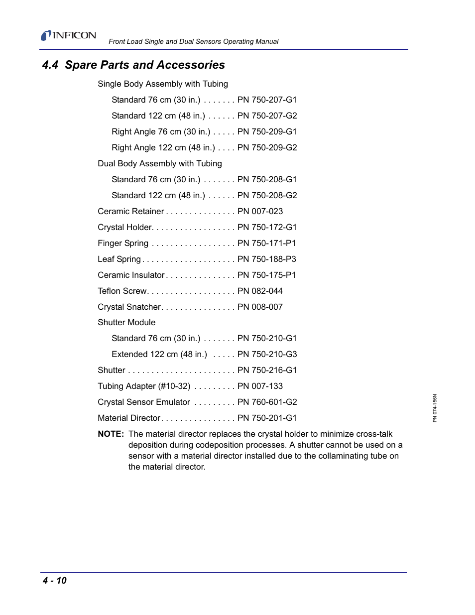 4 spare parts and accessories | INFICON Front Load Single Sensor User Manual | Page 74 / 90