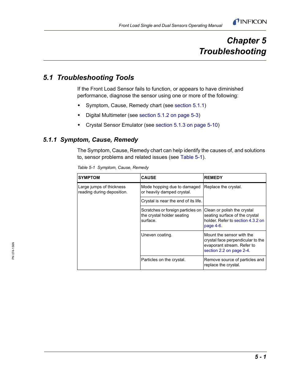 Chapter 5 troubleshooting, 1 troubleshooting tools, 1 symptom, cause, remedy | Chapter 5 | INFICON Front Load Single Sensor User Manual | Page 77 / 90