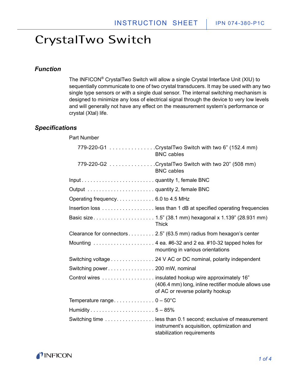 INFICON CrystalTwo Switch User Manual | 4 pages