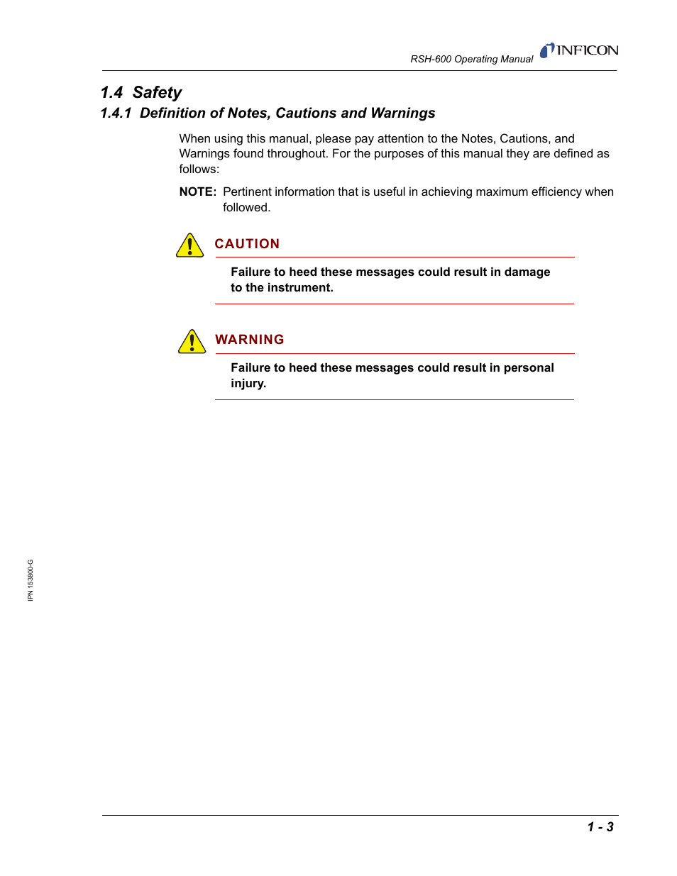 4 safety, 1 definition of notes, cautions and warnings | INFICON RSH-600 Rotary Sensor User Manual | Page 11 / 34