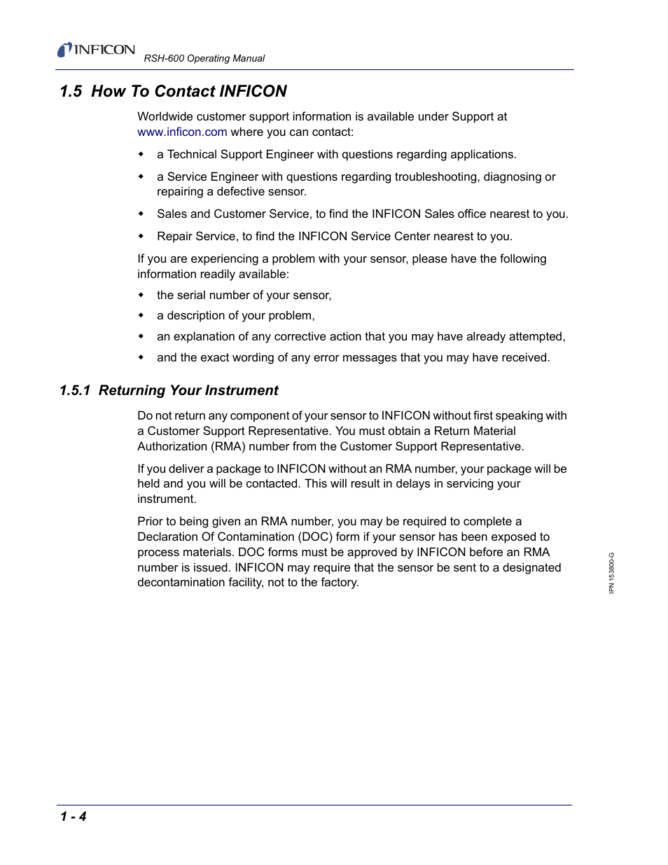 5 how to contact inficon, 1 returning your instrument | INFICON RSH-600 Rotary Sensor User Manual | Page 12 / 34