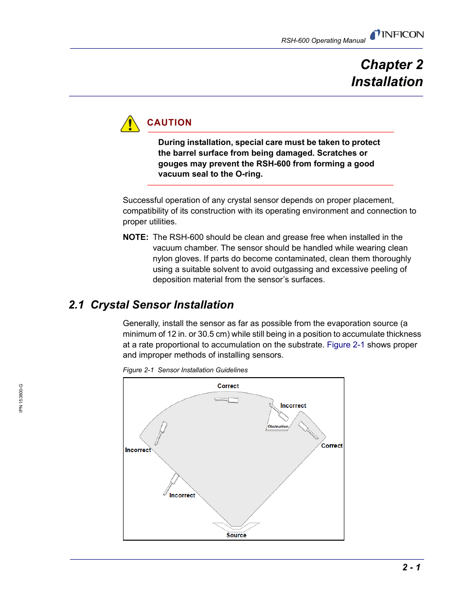 Chapter 2 installation, 1 crystal sensor installation, Chapter 2 | INFICON RSH-600 Rotary Sensor User Manual | Page 17 / 34