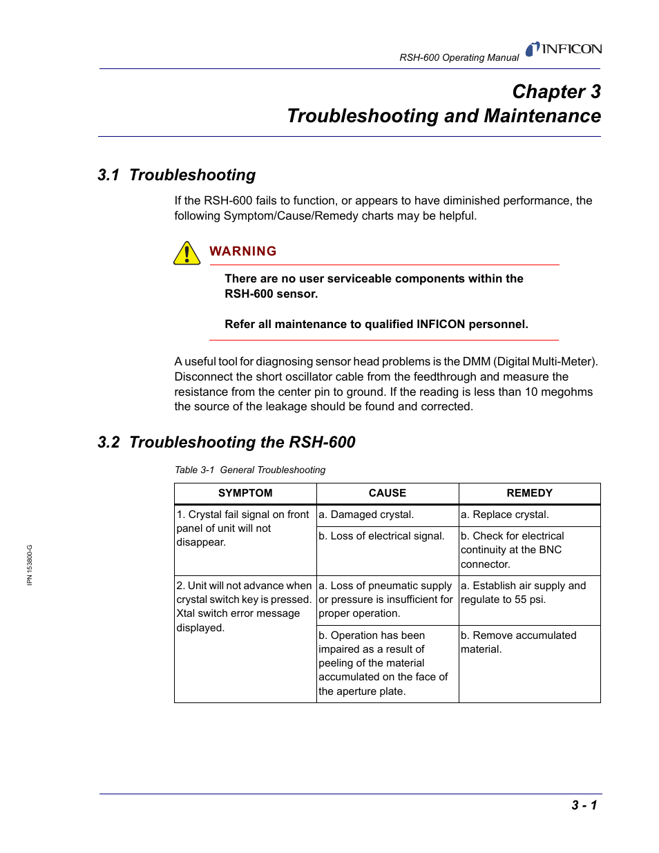 Chapter 3 troubleshooting and maintenance, 1 troubleshooting, 2 troubleshooting the rsh-600 | Chapter 3 | INFICON RSH-600 Rotary Sensor User Manual | Page 23 / 34