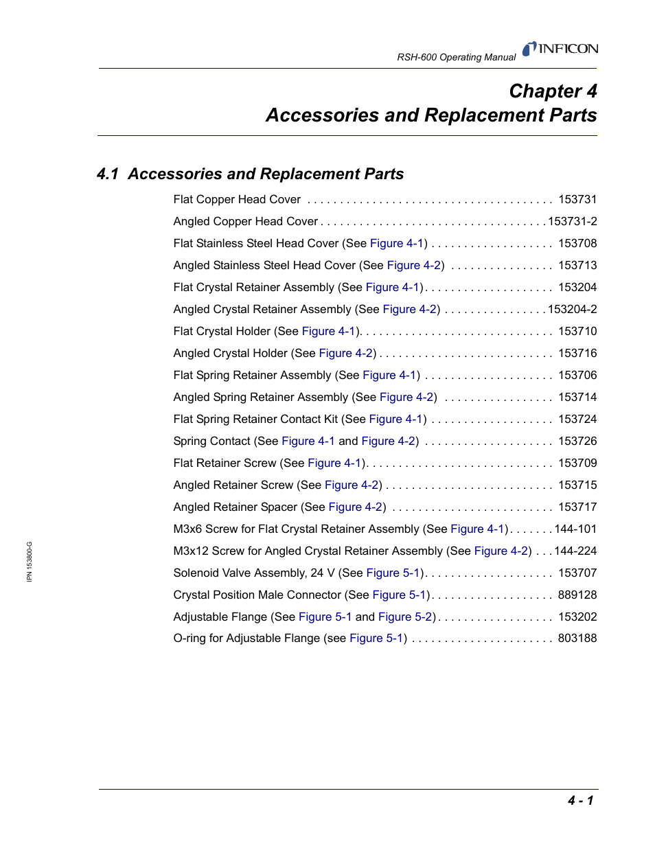 Chapter 4 accessories and replacement parts, 1 accessories and replacement parts, Chapter 4 | Nge (see | INFICON RSH-600 Rotary Sensor User Manual | Page 29 / 34