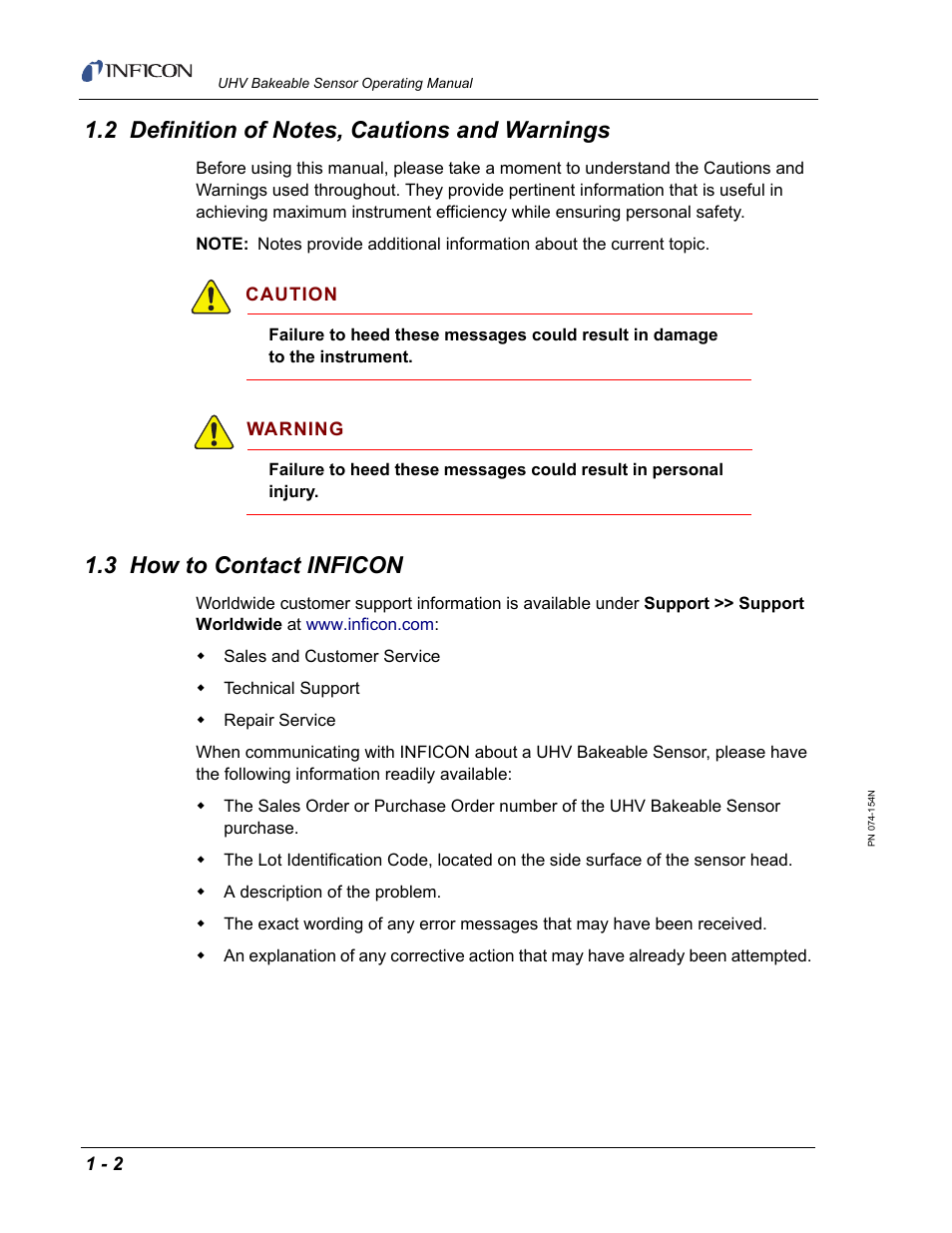 2 definition of notes, cautions and warnings, 3 how to contact inficon | INFICON UHV Bakeable Sensor User Manual | Page 10 / 50