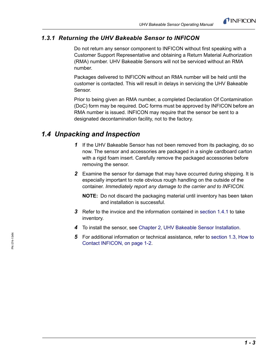 1 returning the uhv bakeable sensor to inficon, 4 unpacking and inspection | INFICON UHV Bakeable Sensor User Manual | Page 11 / 50