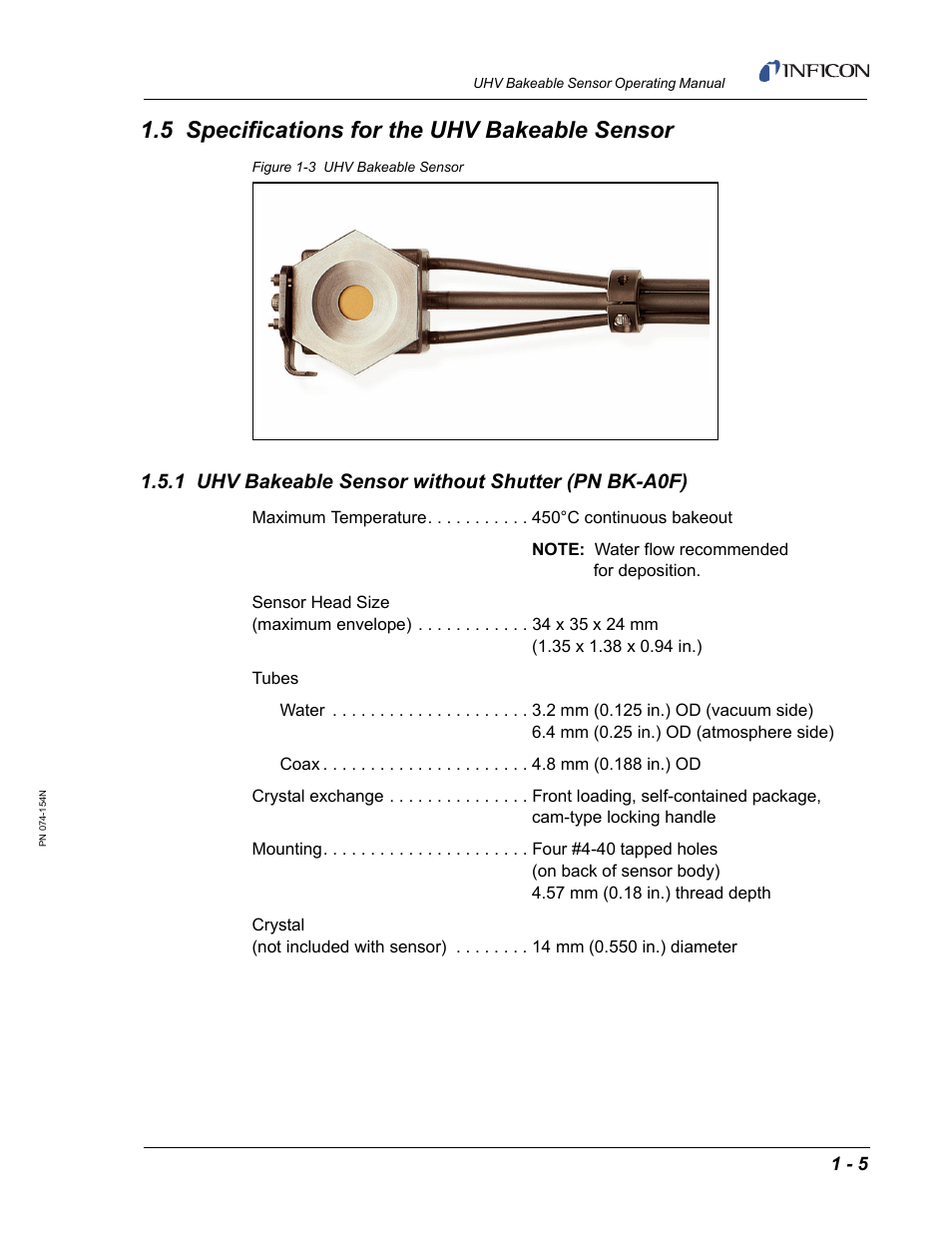 5 specifications for the uhv bakeable sensor, 1 uhv bakeable sensor without shutter (pn bk-a0f) | INFICON UHV Bakeable Sensor User Manual | Page 13 / 50