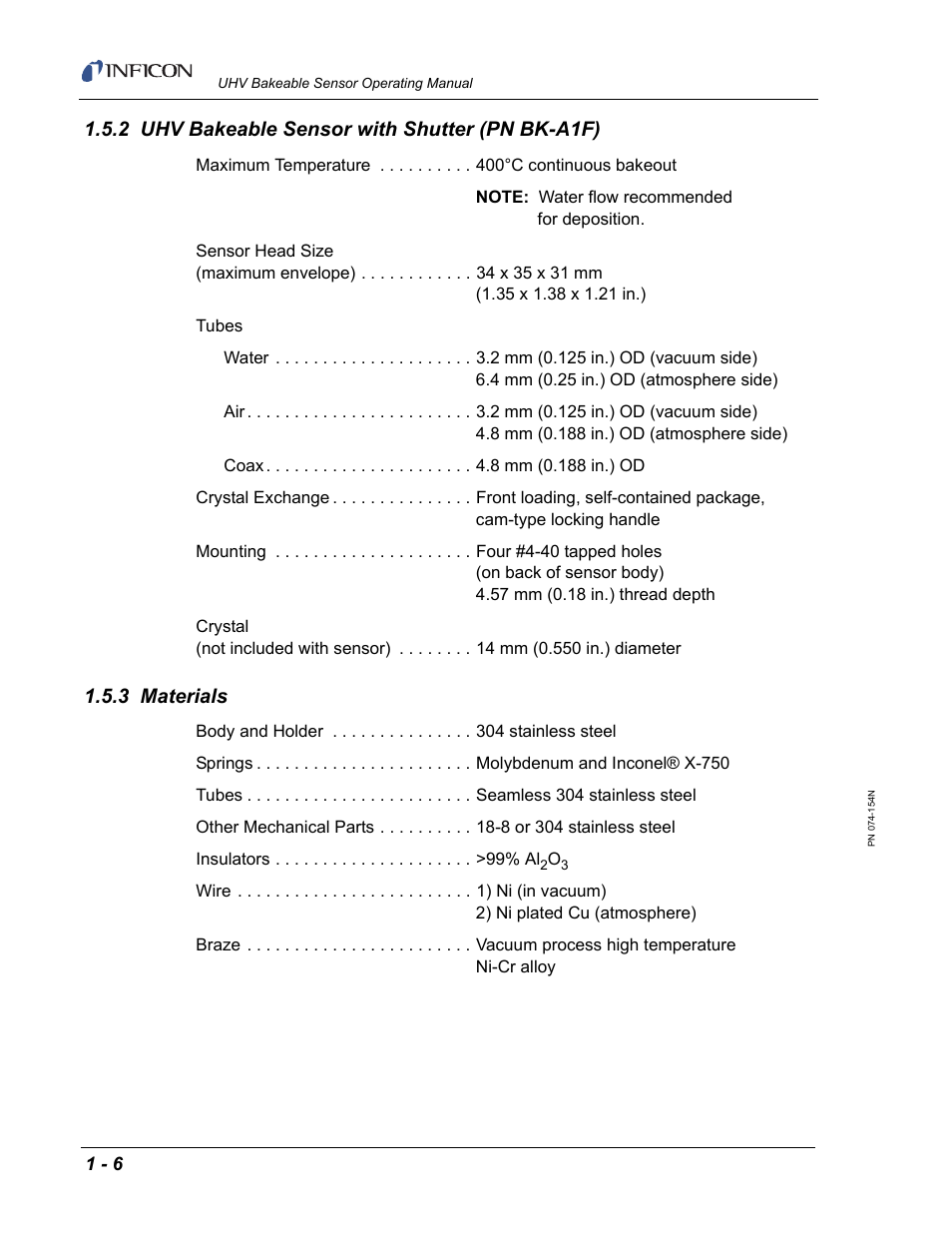 2 uhv bakeable sensor with shutter (pn bk-a1f), 3 materials | INFICON UHV Bakeable Sensor User Manual | Page 14 / 50