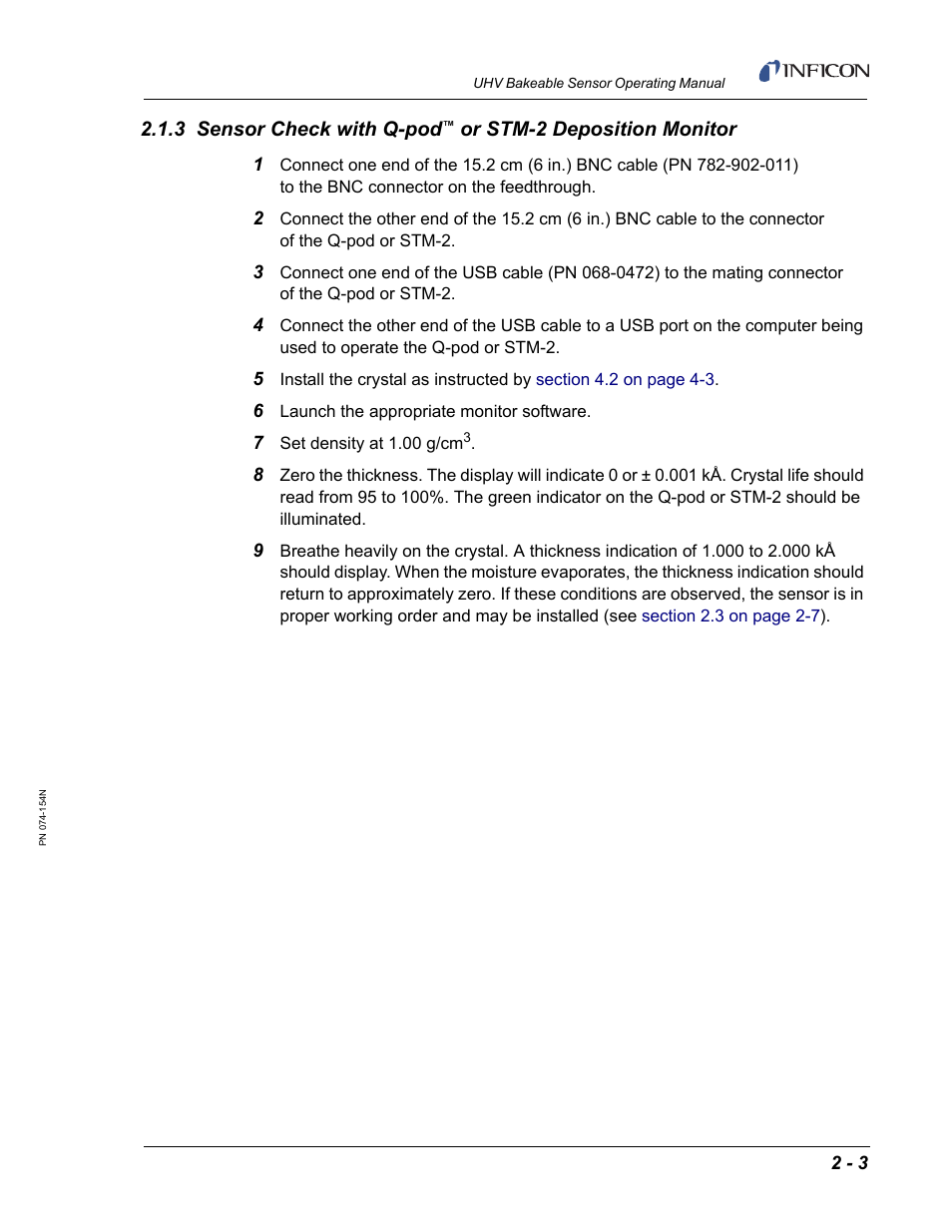 3 sensor check with q-pod, Or stm-2 deposition monitor | INFICON UHV Bakeable Sensor User Manual | Page 23 / 50