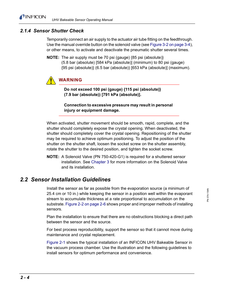 4 sensor shutter check, 2 sensor installation guidelines | INFICON UHV Bakeable Sensor User Manual | Page 24 / 50