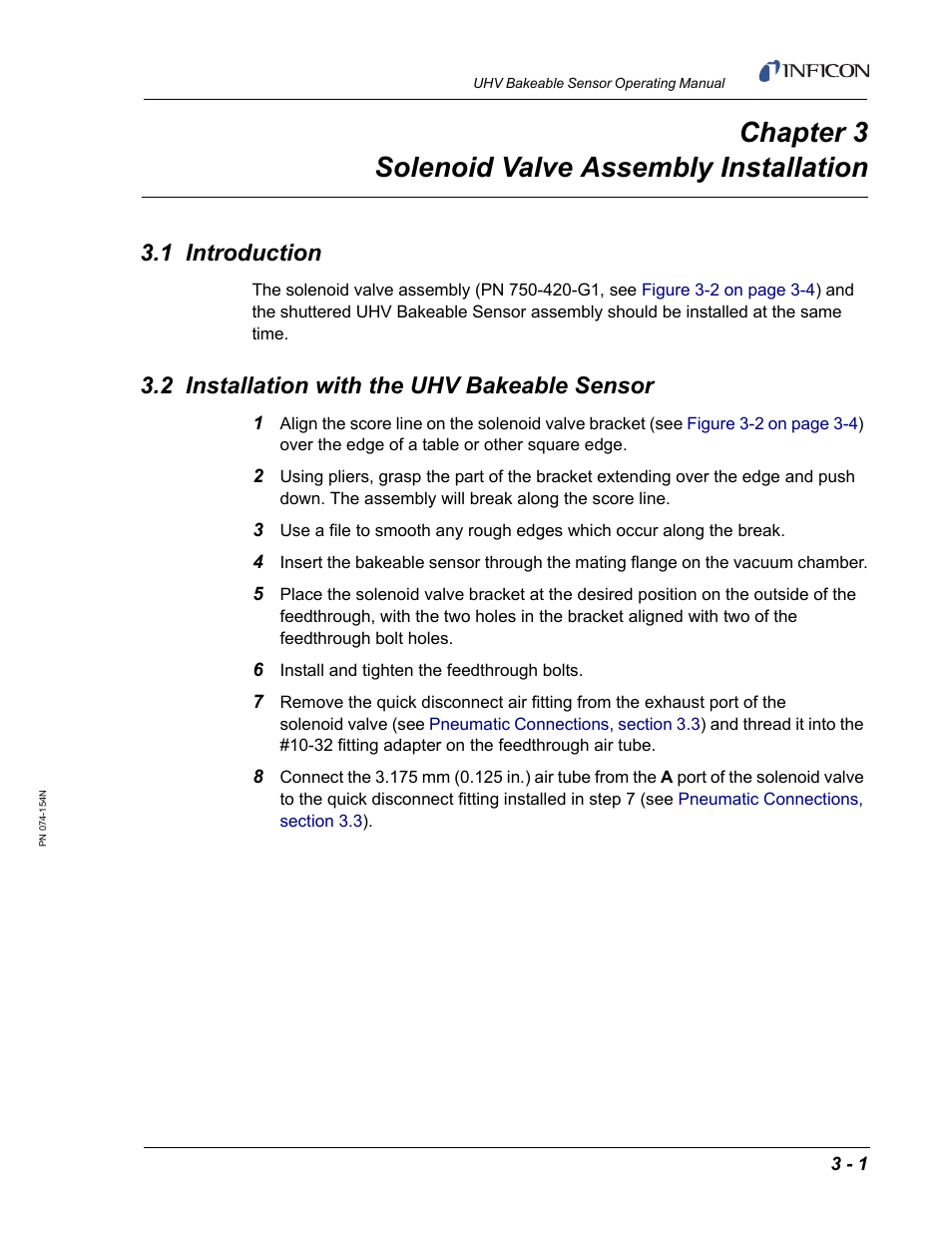 Chapter 3 solenoid valve assembly installation, 1 introduction, 2 installation with the uhv bakeable sensor | Chapter 3, Oid valve (see | INFICON UHV Bakeable Sensor User Manual | Page 31 / 50