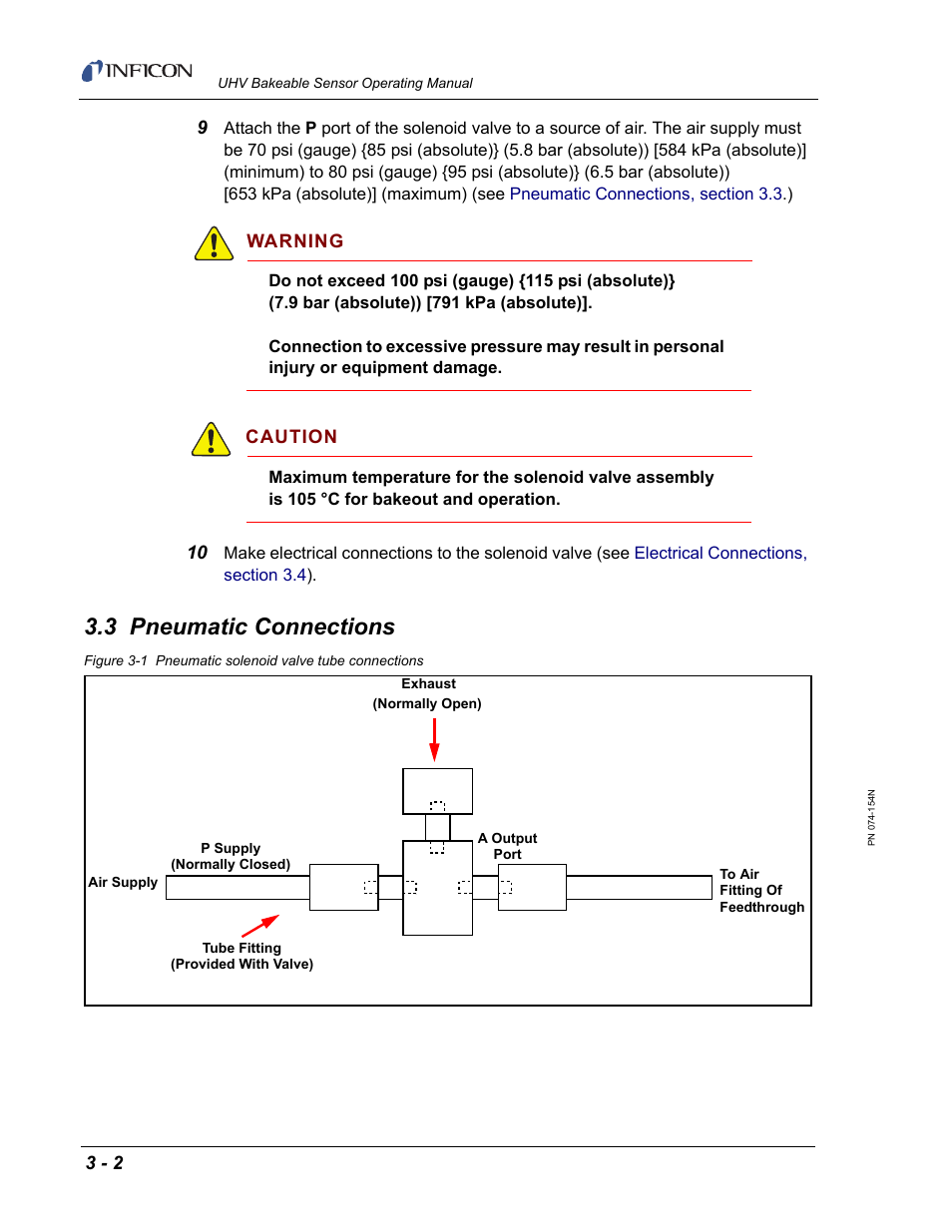 3 pneumatic connections, Pneumatic connections, section 3.3, And thre | Pneumatic connections, Section 3.3 | INFICON UHV Bakeable Sensor User Manual | Page 32 / 50