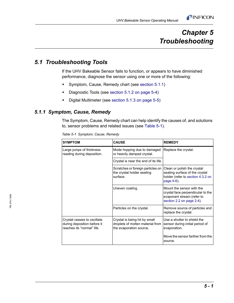 Chapter 5 troubleshooting, 1 troubleshooting tools, 1 symptom, cause, remedy | Chapter 5 | INFICON UHV Bakeable Sensor User Manual | Page 45 / 50