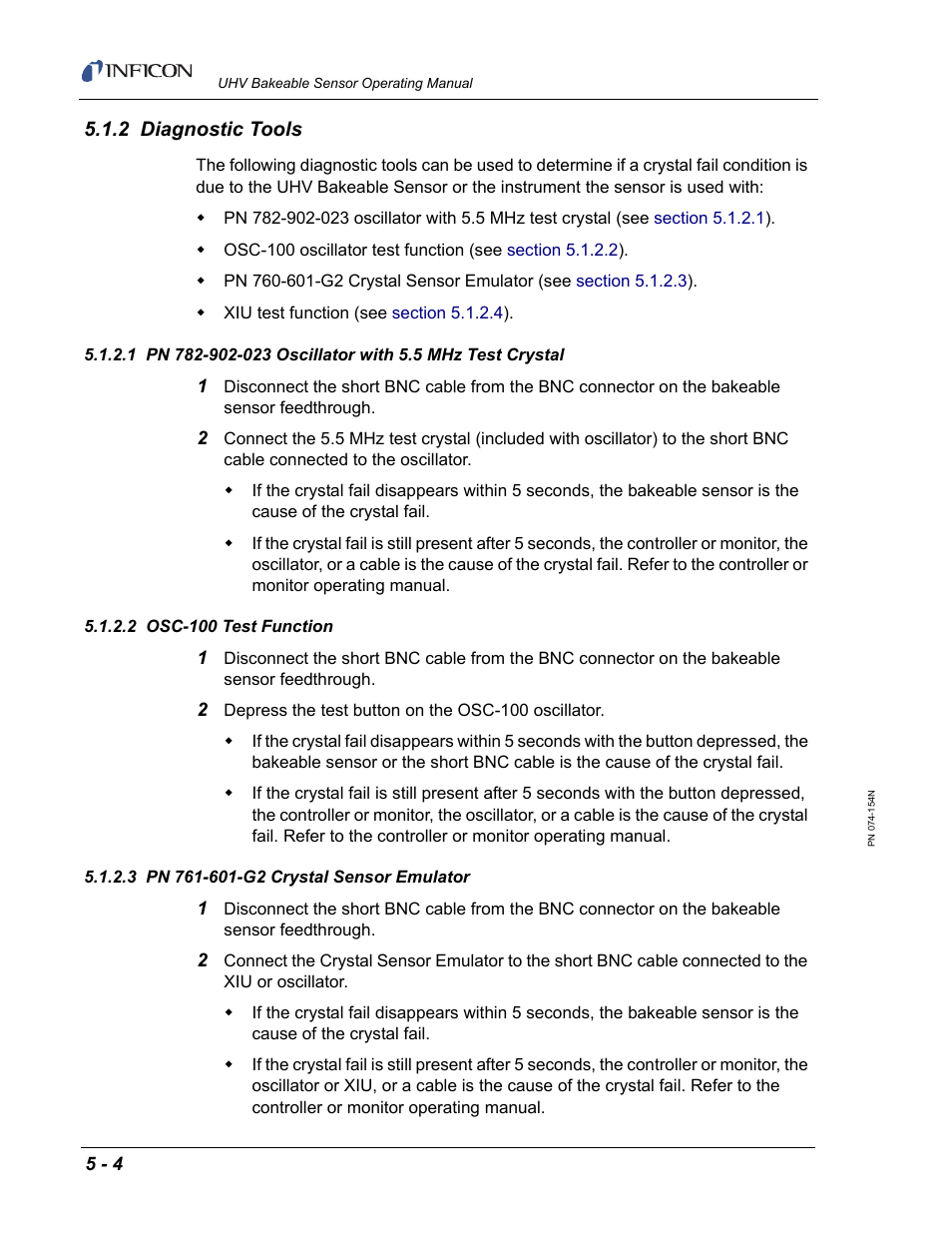 2 diagnostic tools, 2 osc-100 test function, 3 pn 761-601-g2 crystal sensor emulator | Ools (see | INFICON UHV Bakeable Sensor User Manual | Page 48 / 50