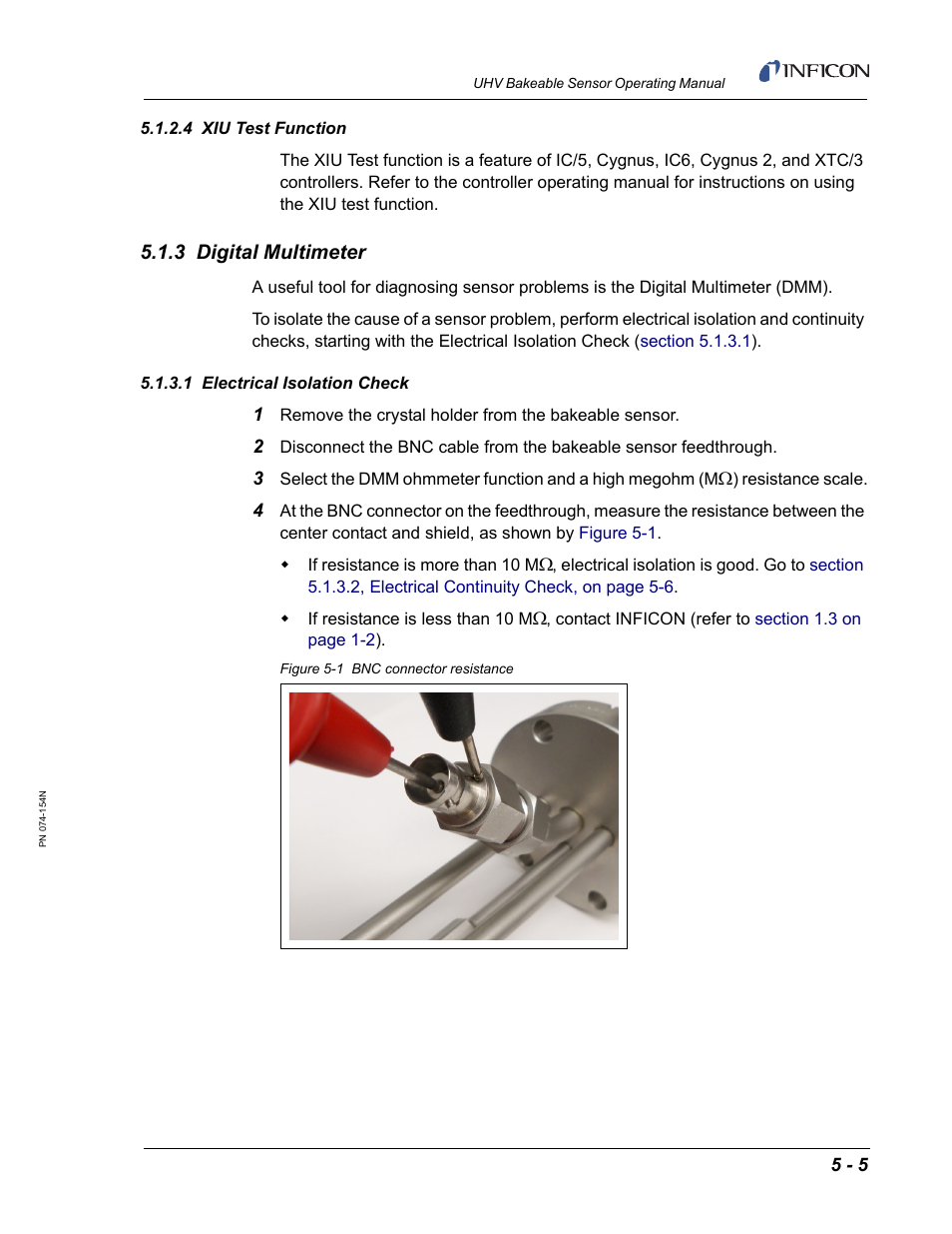 4 xiu test function, 3 digital multimeter, 1 electrical isolation check | Section 5.1.3, Section 5.1.2.4 | INFICON UHV Bakeable Sensor User Manual | Page 49 / 50